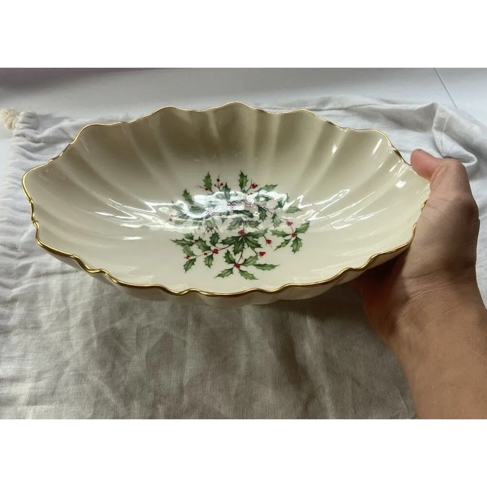 Vintage Lenox Holly And Berry Christmas Centerpiece Bowl Footed With Gold Trim